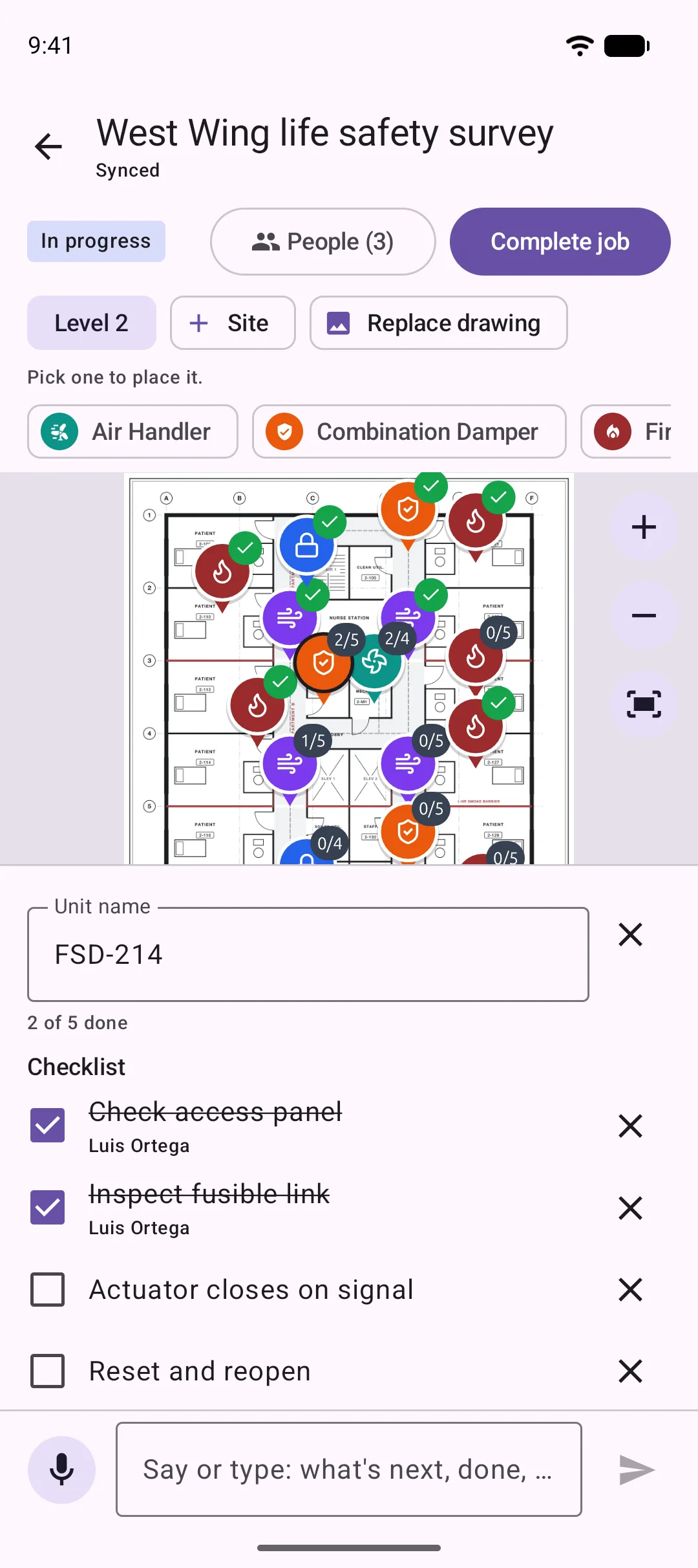 JobSat on Android: damper FSD-214 selected on the drawing, with its inspection checklist below.
