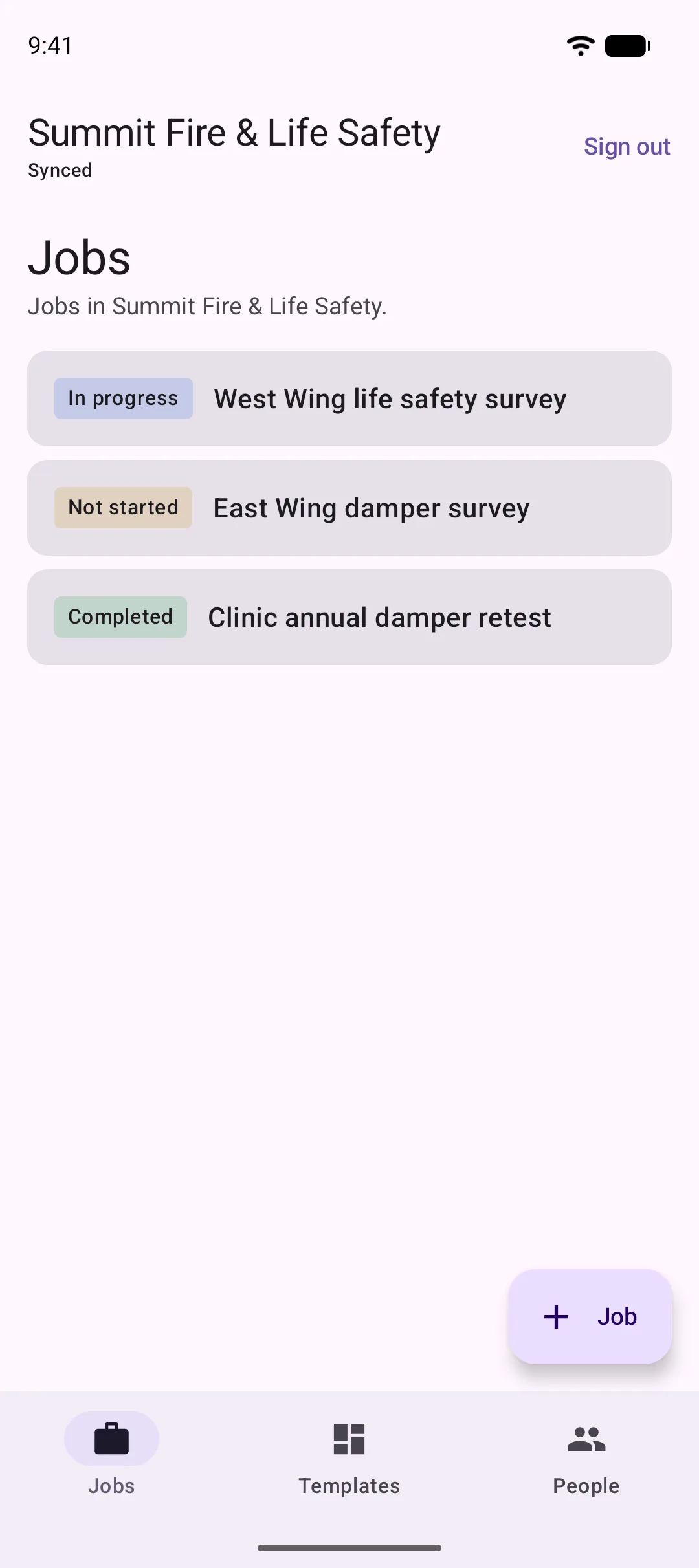 JobSat on Android: damper surveys in progress, not started and completed.