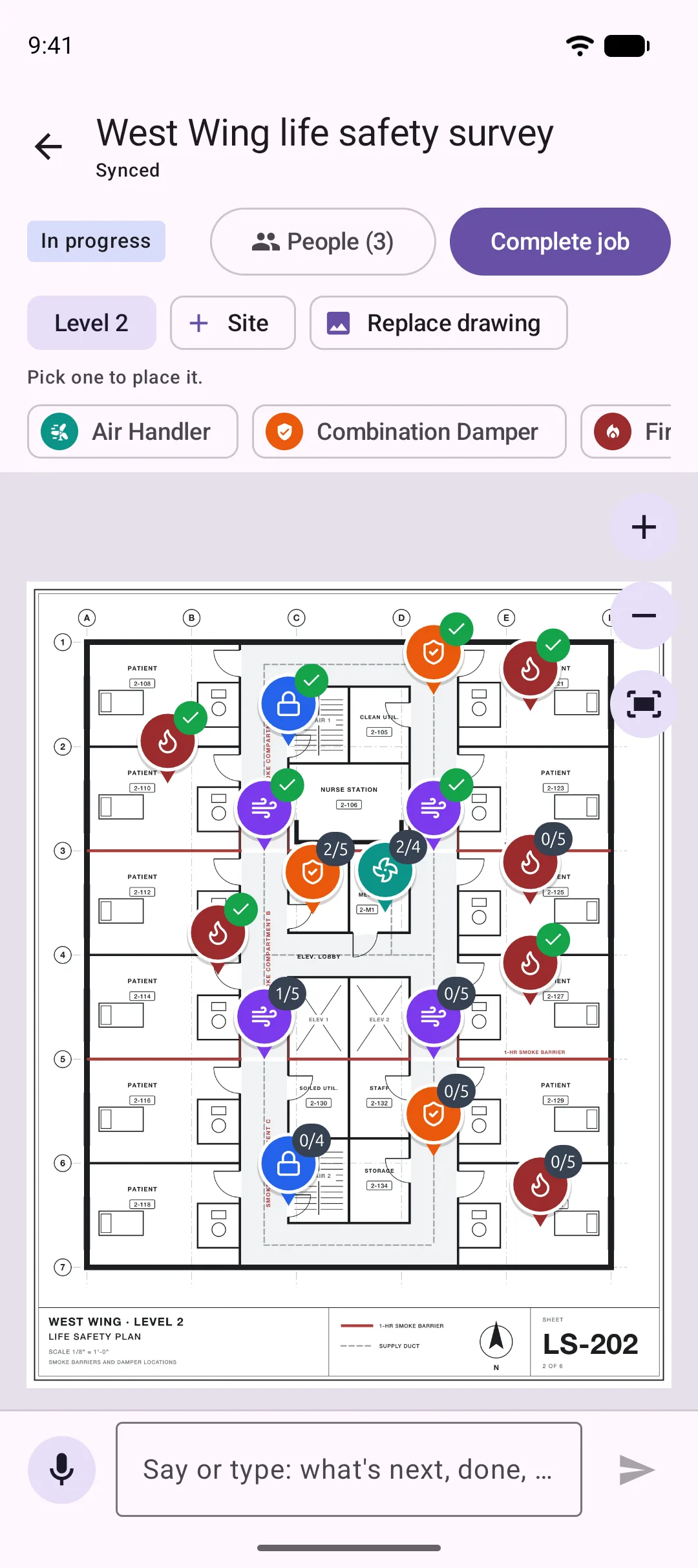 JobSat on Android: the same life safety plan and the same pins, with damper templates ready to place.