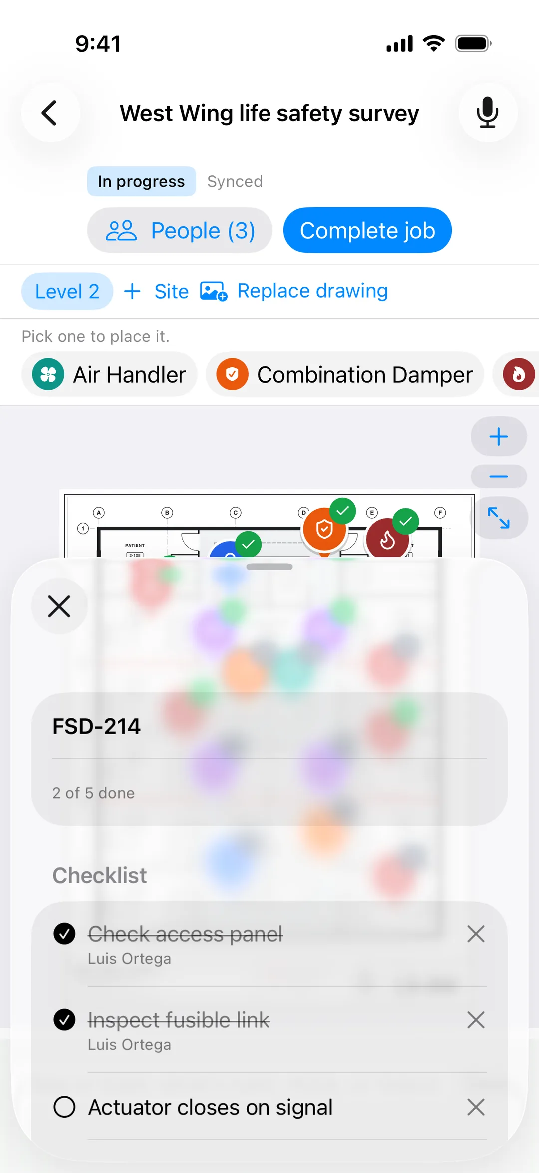 JobSat on iPhone: the inspection checklist for combination damper FSD-214, two of five steps done by Luis Ortega.