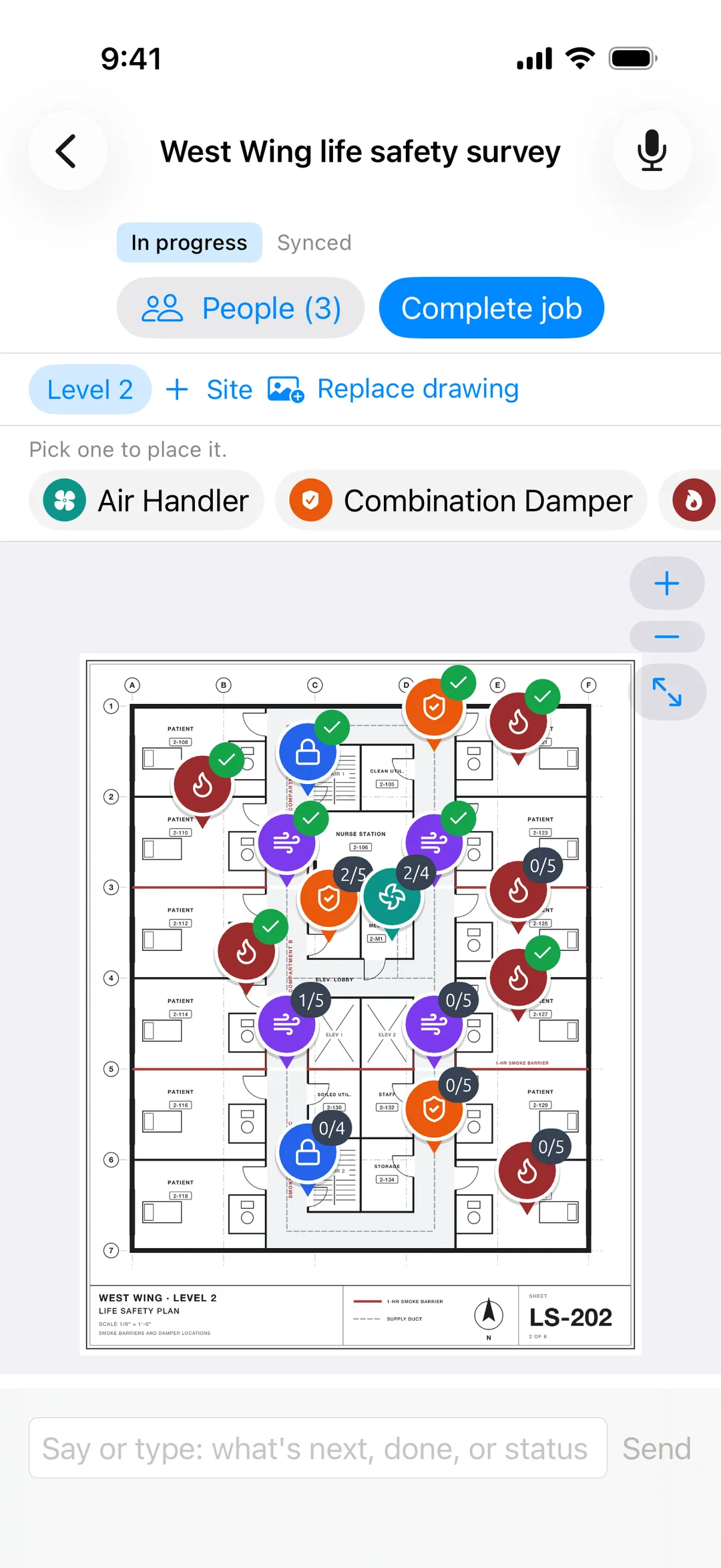 JobSat on iPhone: the West Wing Level 2 life safety plan with fire, smoke and combination dampers, fire doors and an air handler pinned where they are, each showing how much of its inspection is done.